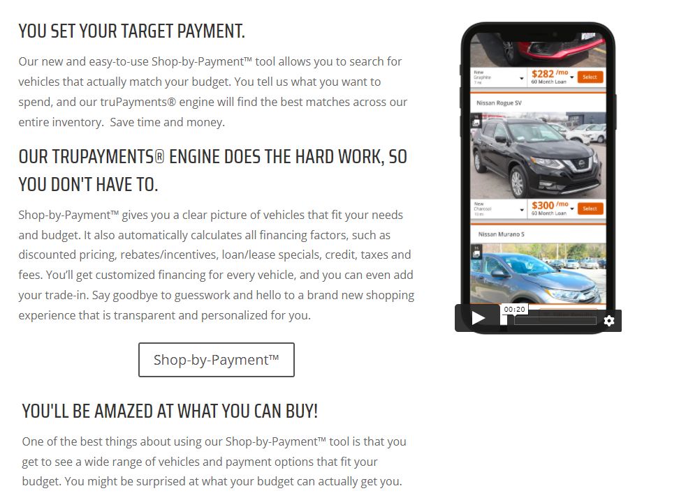 A digital ad from an organization highlighting their truPayments program for cars. The ad includes a screengrab of a smartphone that is browsing several different cars at different price points.