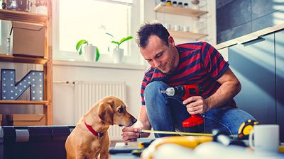 Man drilling a hole, dog watching