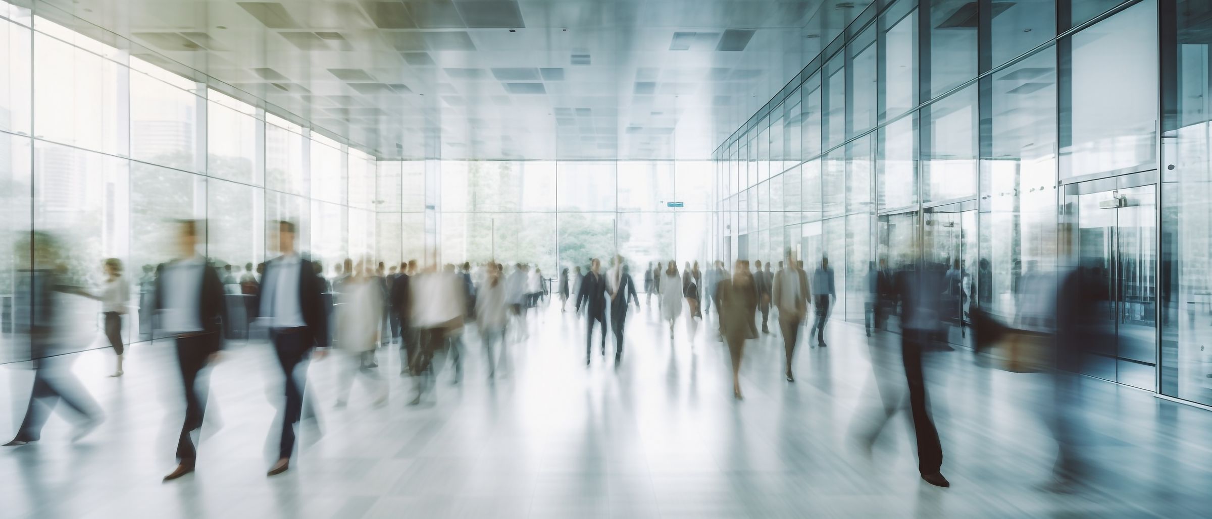 blurred business people in white glass office background, Generative AI