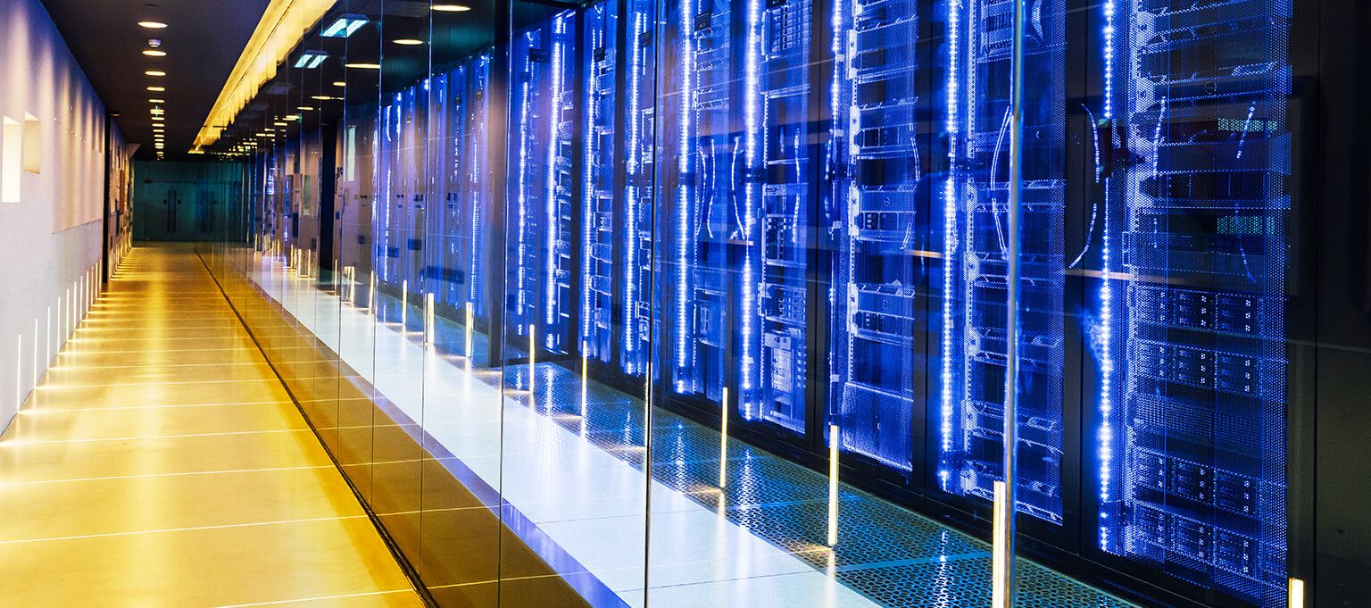Row of futuristic server banks