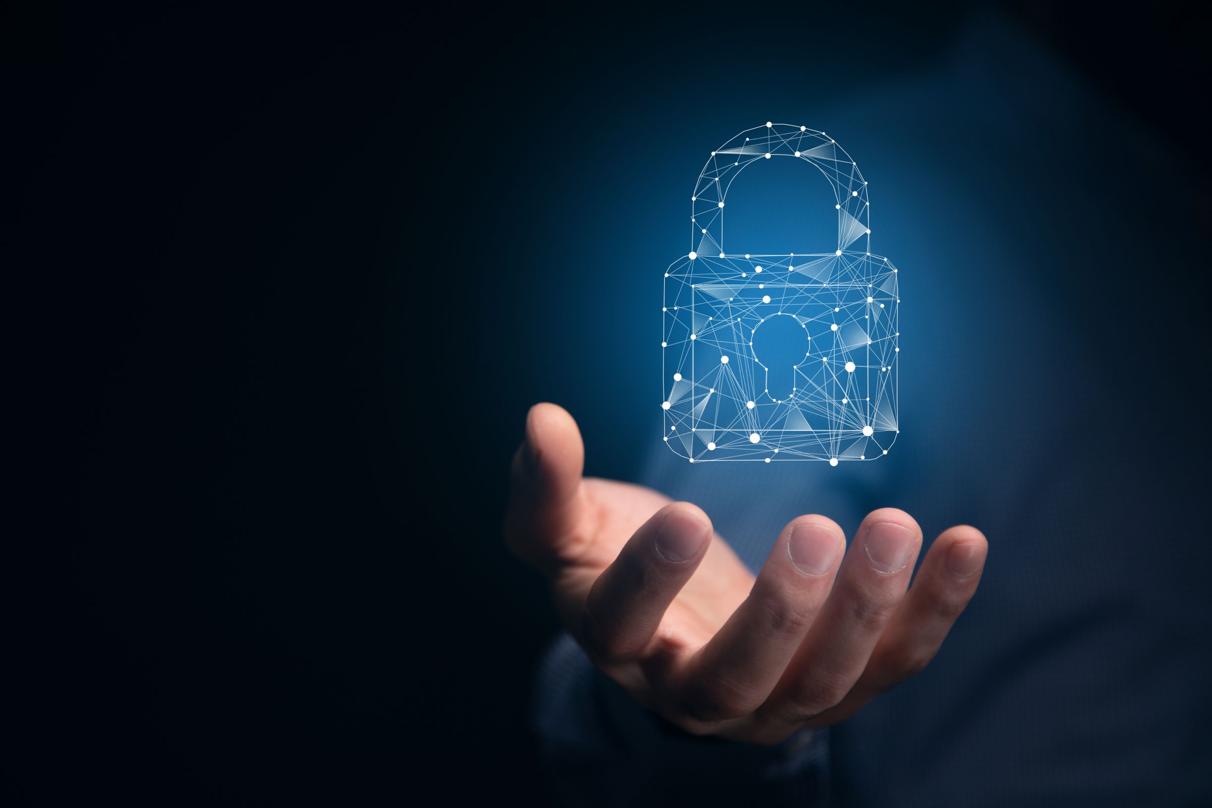 Business man Holding Lock icon, Closed Padlock on digital background