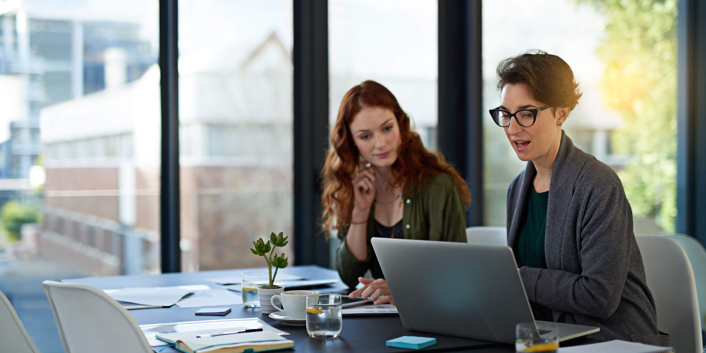 two business women looking at laptop