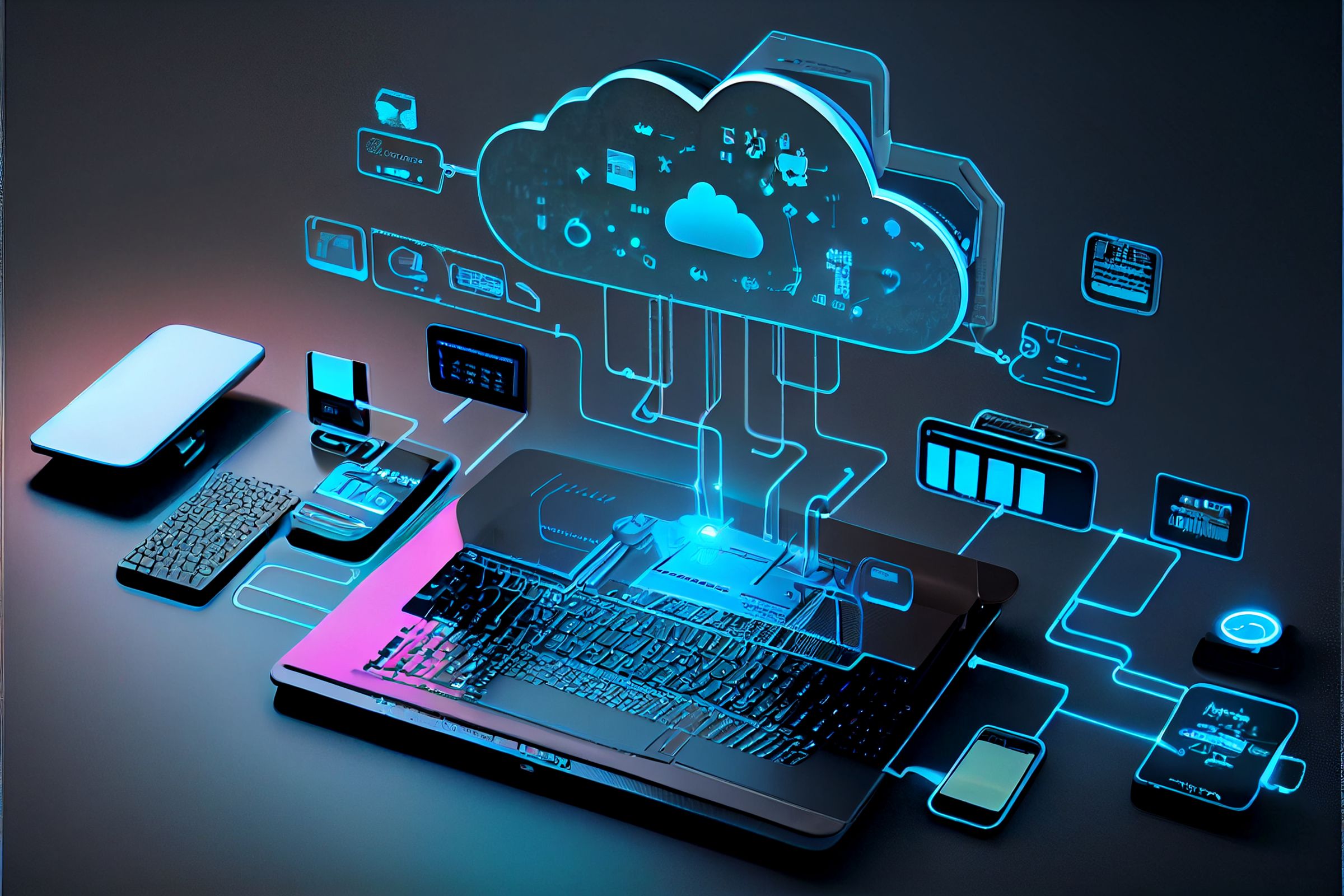 Devices connected to digital cloud storage in the data center via the Internet, IOT, Smart Home Communication laptop, tablet, phone home devices with an online. Generative AI.