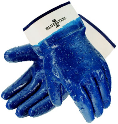 Heavy Duty Nitrile Coated Work Gloves, Blue, With Safety Cuffs - 12 Pair Pack, Large, Chemical & Oil Resistant