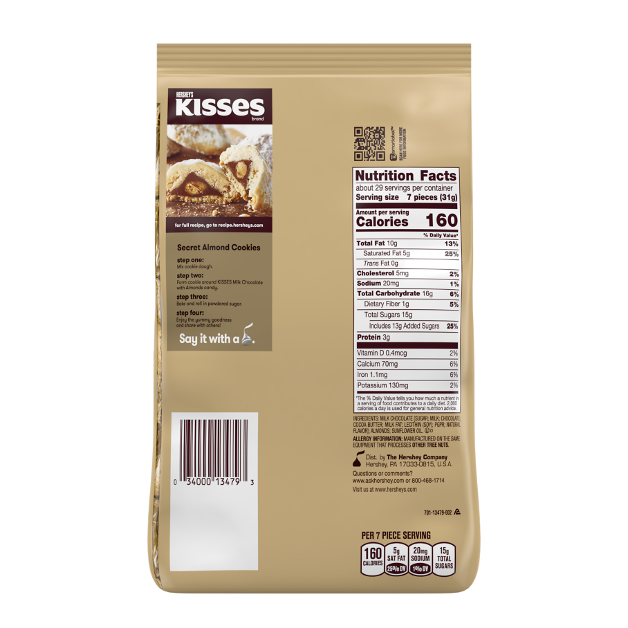 HERSHEY'S KISSES Milk Chocolate with Almonds Candy, 32 oz pack - Back of Package