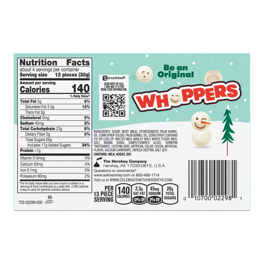 WHOPPERS Snowballs Vanilla Flavored Creme Malted Milk Balls, 4 oz box - Back of Package