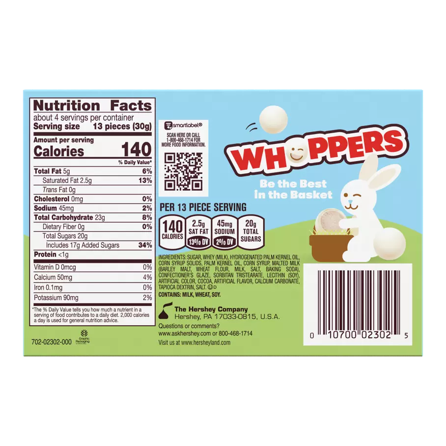 WHOPPERS Bunny Tails Vanilla Creme Malted Milk Balls, 4 oz box - Back of Package