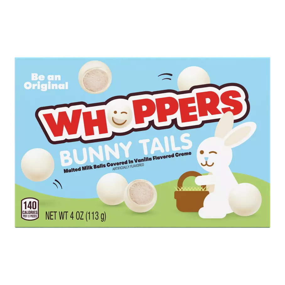 WHOPPERS Bunny Tails Vanilla Creme Malted Milk Balls, 4 oz box - Front of Package