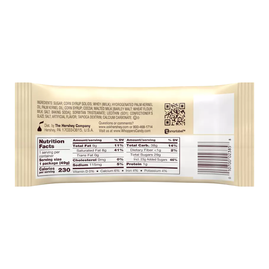 WHOPPERS Milk Chocolate Malted Milk Balls, 1.75 oz - Back of Package