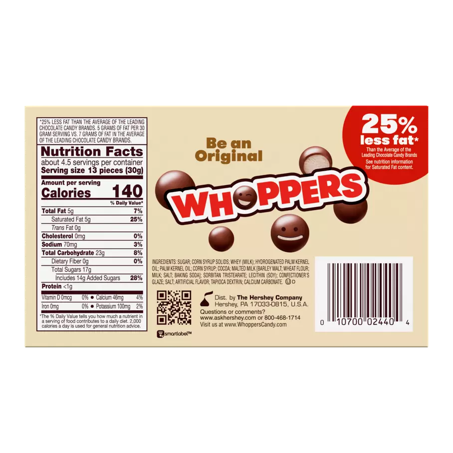 WHOPPERS Malted Milk Balls, 5 oz box - Back of Package
