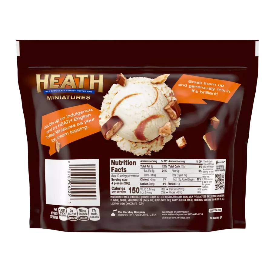 HEATH Miniatures Milk Chocolate English Toffee Candy Bars, 10.2 oz bag - Back of Package
