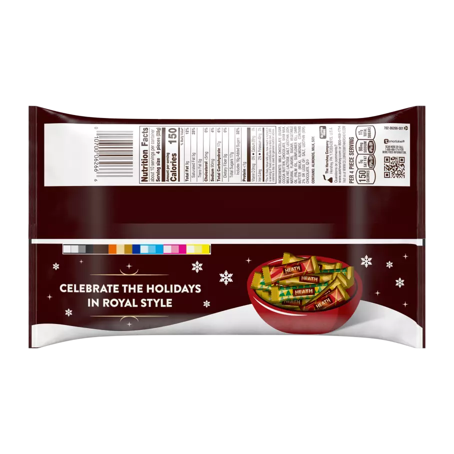 HEATH Holiday Milk Chocolate English Toffee Miniatures Candy Bars, 10 oz bag - Back of Package