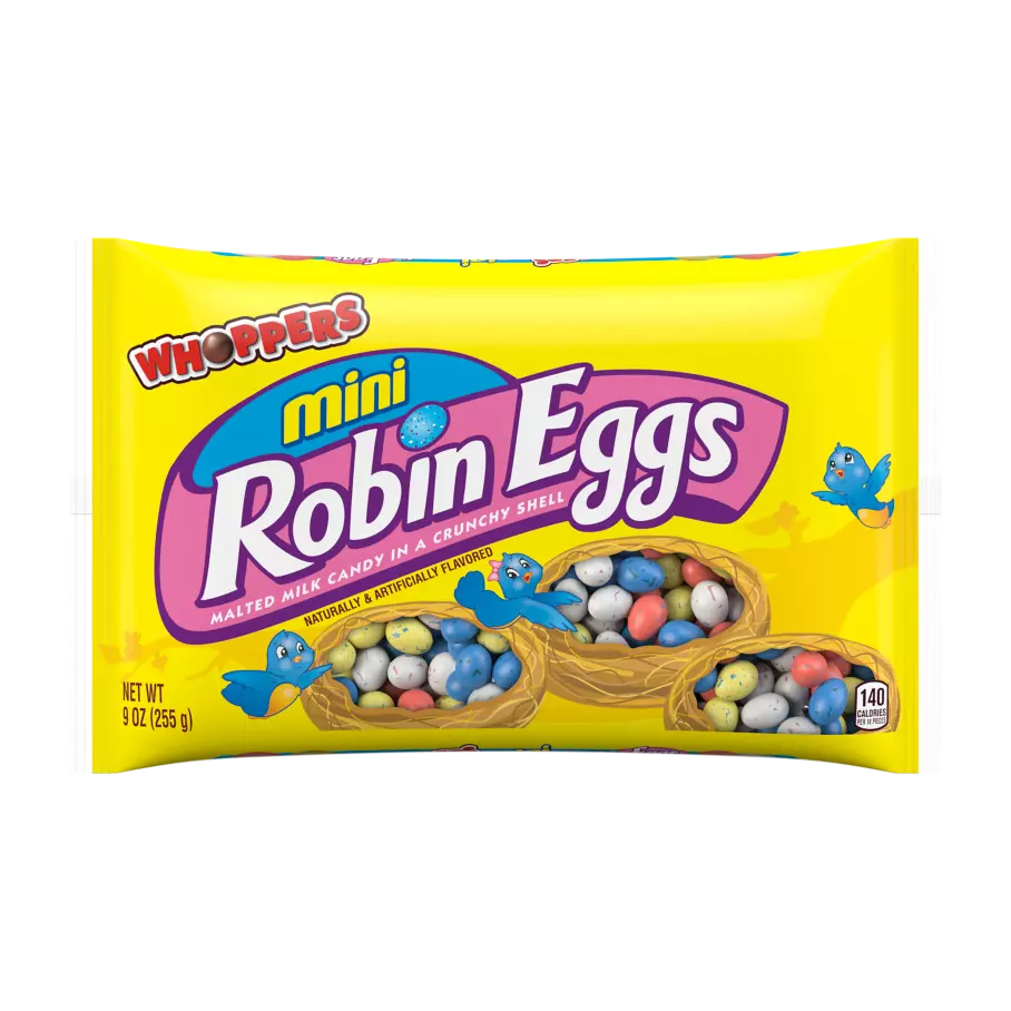WHOPPERS ROBIN EGGS Mini Malted Milk Balls, 9 oz bag - Front of Package