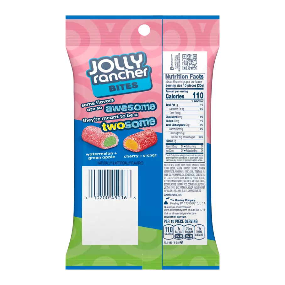 JOLLY RANCHER AWESOME TWOSOME Original Flavors Chewy Candy, 6.5 oz bag - Back of Package