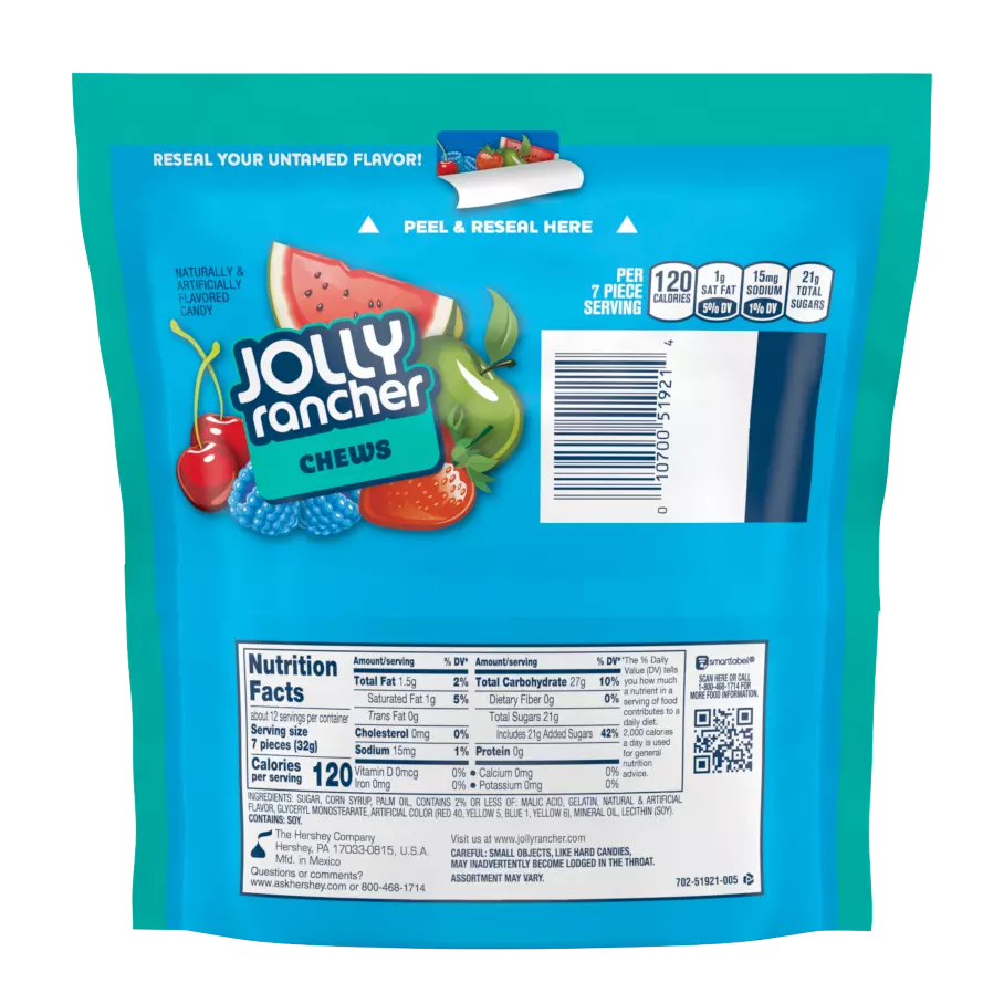 JOLLY RANCHER Chews Original Flavors Candy, 13 oz bag - Back of Package