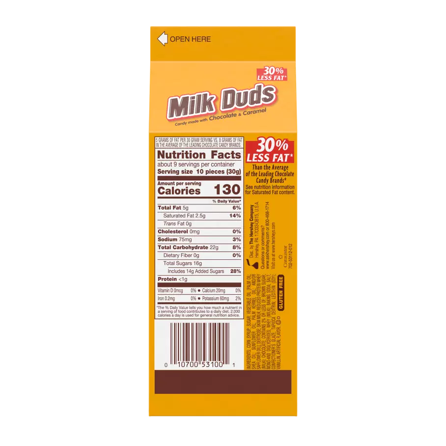 MILK DUDS Candy, 10 oz box - Back of Package