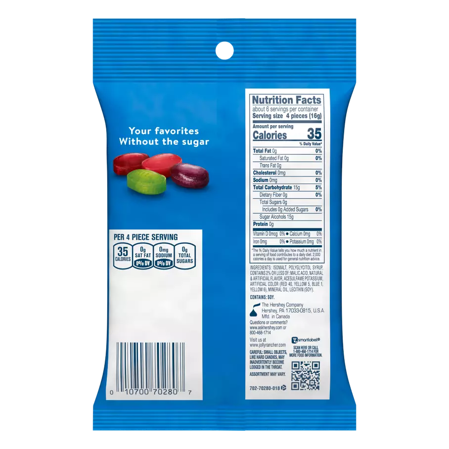 JOLLY RANCHER Zero Sugar Original Flavors Hard Candy, 3.6 oz bag - Back of Package