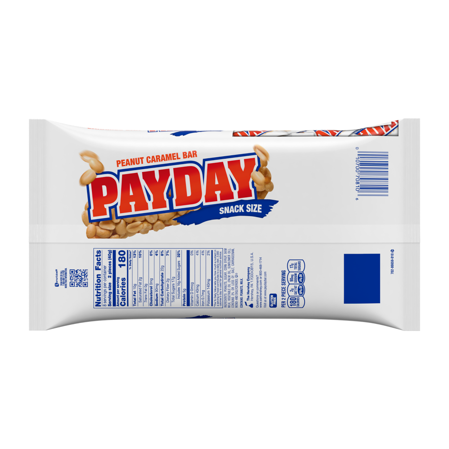 PAYDAY Peanut and Caramel Snack Size Candy Bars, 11.6 oz bag - Back of Package