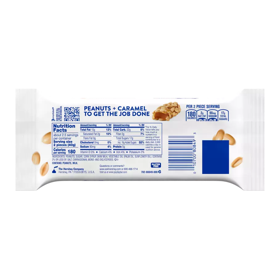 PAYDAY Peanut and Caramel Snack Size Candy Bars, 3.5 oz, 5 pack - Back of Package