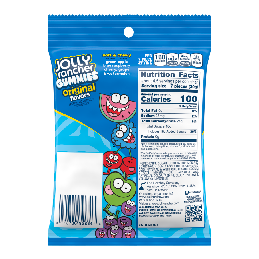 JOLLY RANCHER Gummies Original Flavors, 5 oz bag - Back of Package