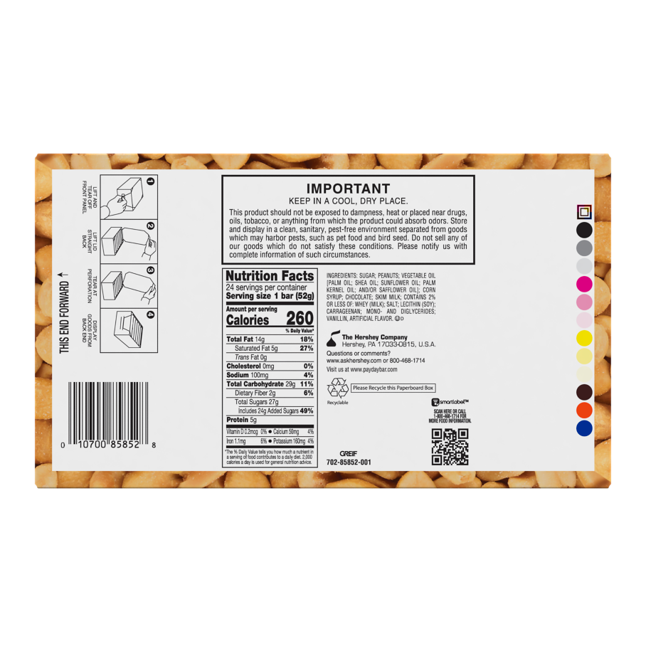 PAYDAY Chocolatey Covered Peanut and Caramel Candy Bars, 44.4 oz box, 24 pack - Bottom of Package