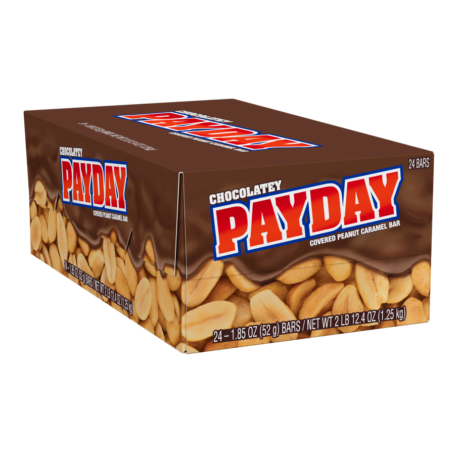 PAYDAY Chocolatey Covered Peanut and Caramel Candy Bars, 44.4 oz box, 24 pack - Front of Package