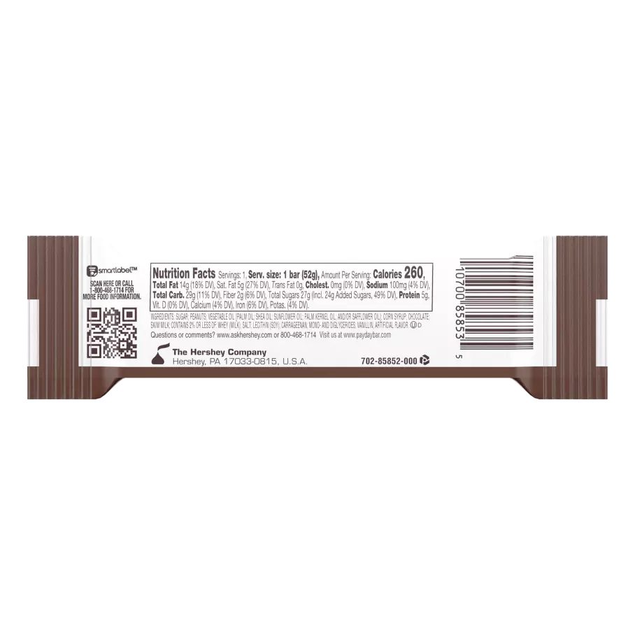 PAYDAY Chocolatey Covered Peanut and Caramel Candy Bar, 1.85 oz - Back of Package