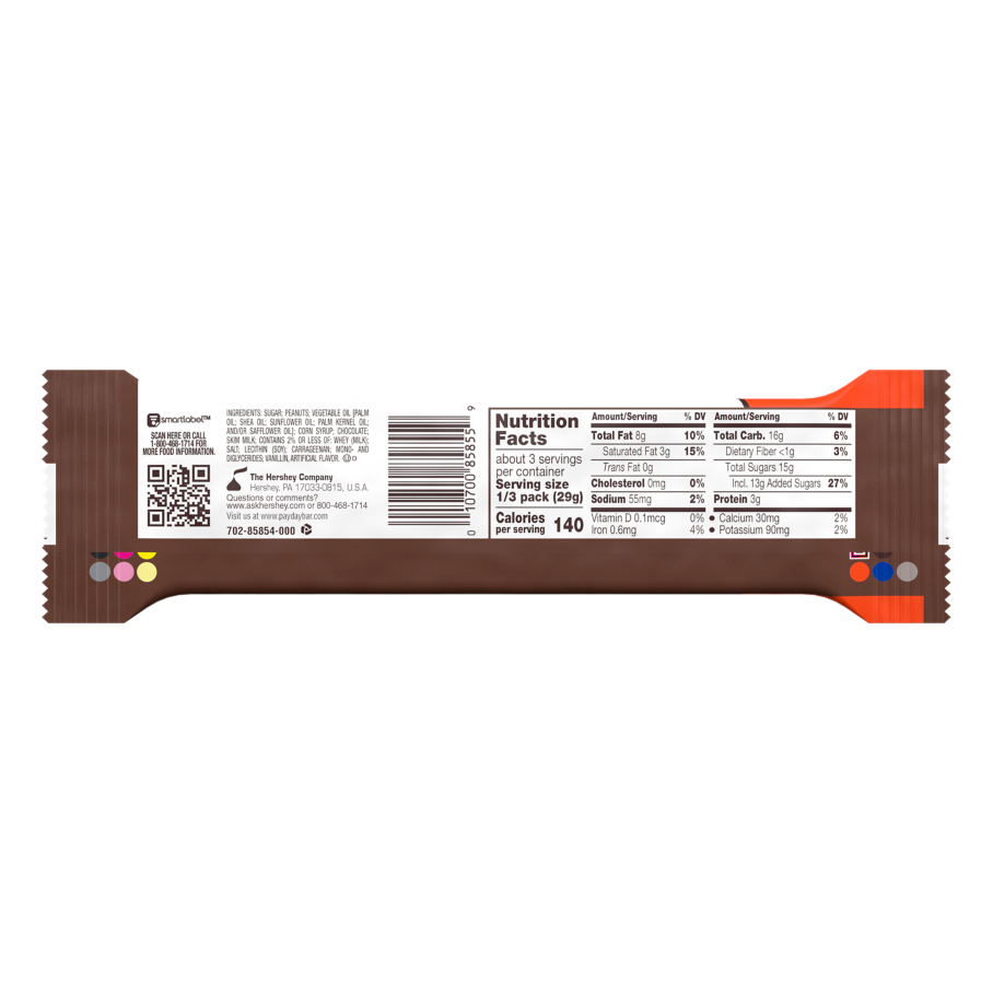 PAYDAY Chocolatey Covered Peanut and Caramel King Size Candy Bar, 3.1 oz - Back of Package