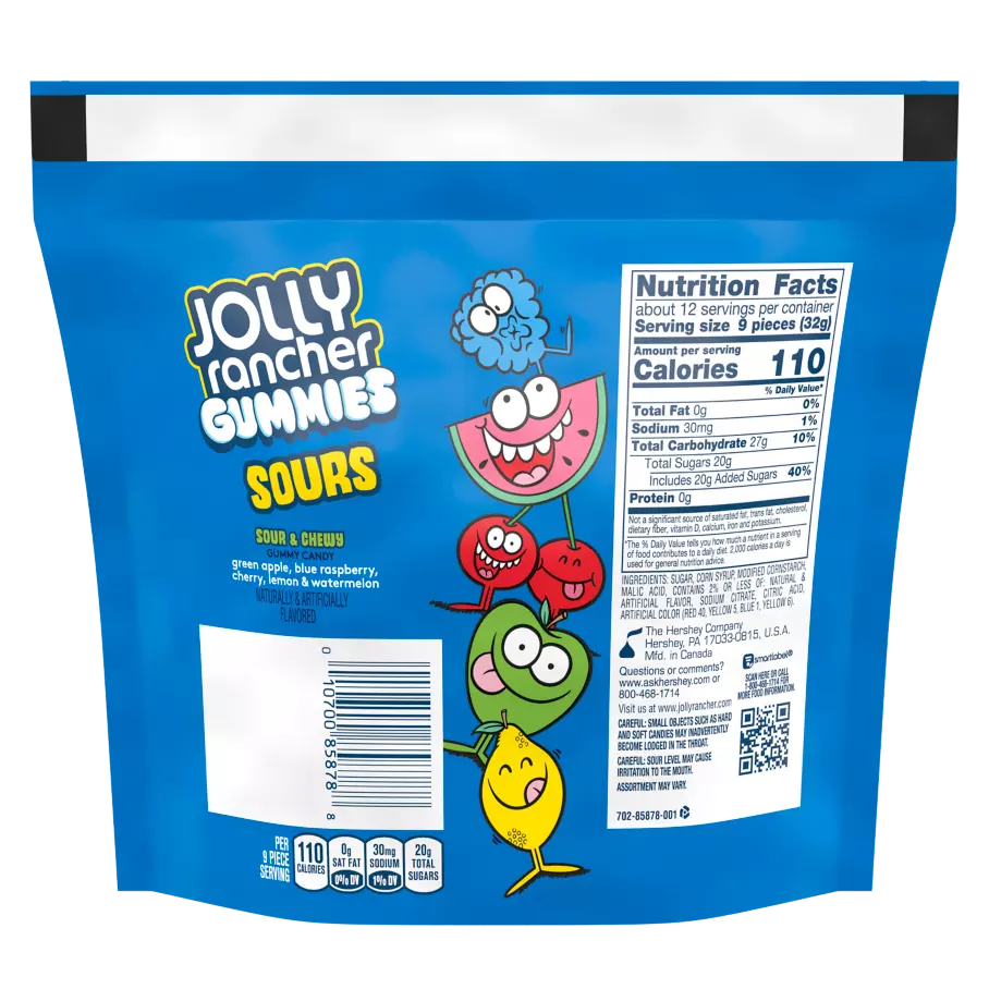 JOLLY RANCHER Gummies Sours, 13 oz bag - Back of Package