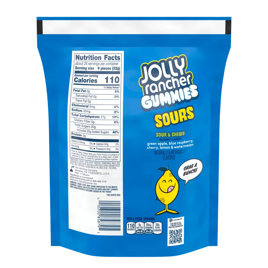 JOLLY RANCHER Gummies Sours, 28.8 oz bag - Back of Package