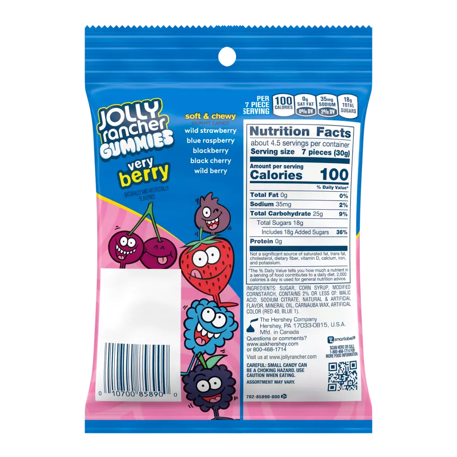 JOLLY RANCHER GUMMIES Very Berry Candy, 5 oz bag - Back of Package