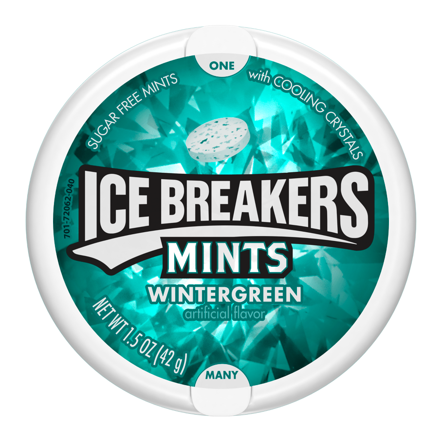 ICE BREAKERS Wintergreen Sugar Free Mints, 1.5 oz puck - Front of Package