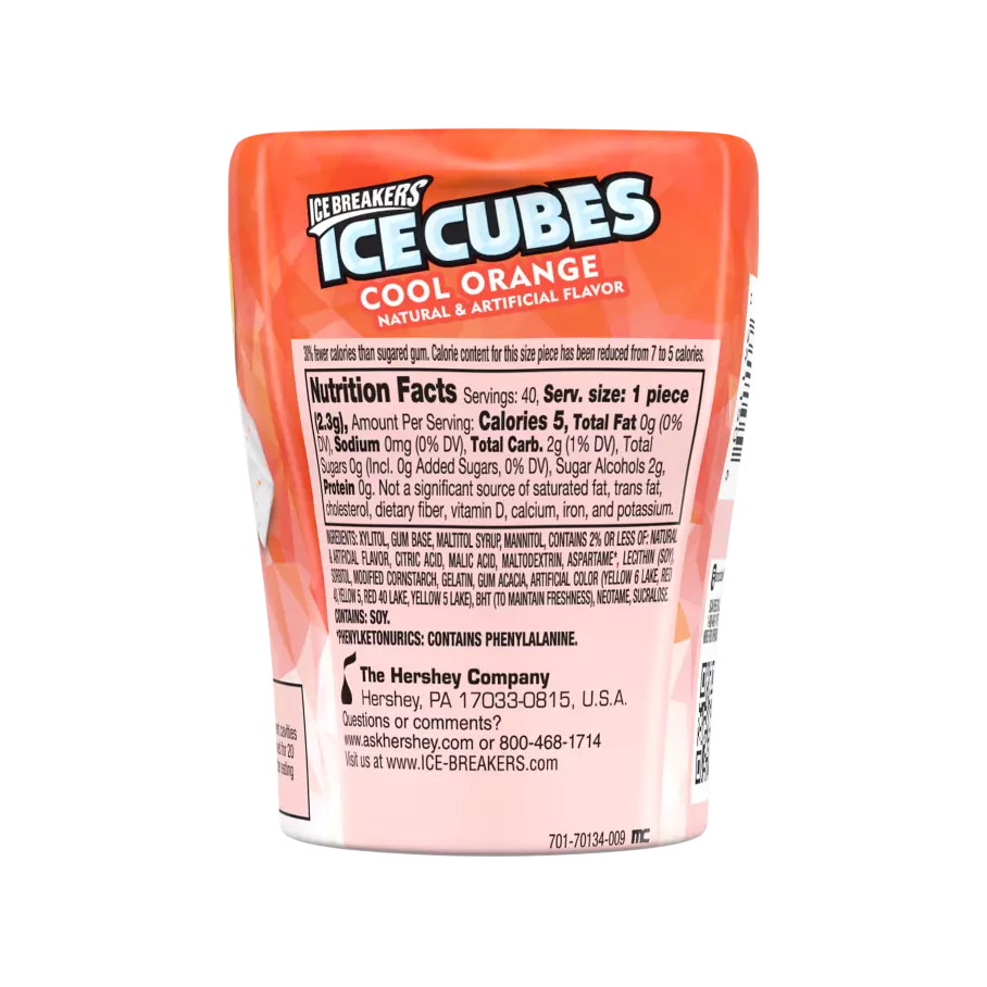 ICE BREAKERS ICE CUBES Cool Orange Sugar Free Gum, 3.24 oz bottle, 40 pieces - Back of Package