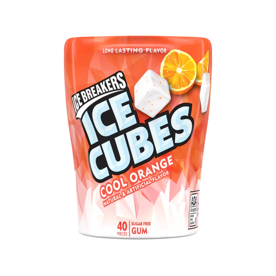 ICE BREAKERS ICE CUBES Cool Orange Sugar Free Gum, 3.24 oz bottle, 40 pieces - Front of Package