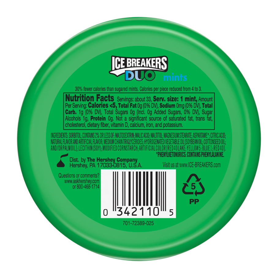 ICE BREAKERS DUO Watermelon Sugar Free Mints, 1.3 oz puck - Back of Package