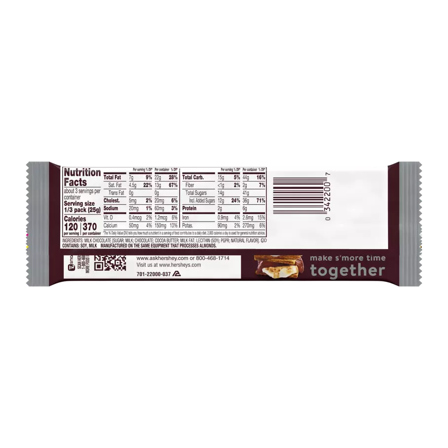 HERSHEY'S Milk Chocolate King Size Candy Bar, 2.6 oz - Back of Package