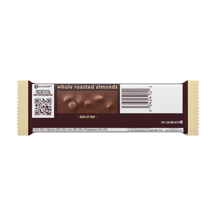 HERSHEY'S Milk Chocolate with Almonds Candy Bar, 1.45 oz - Back of Package