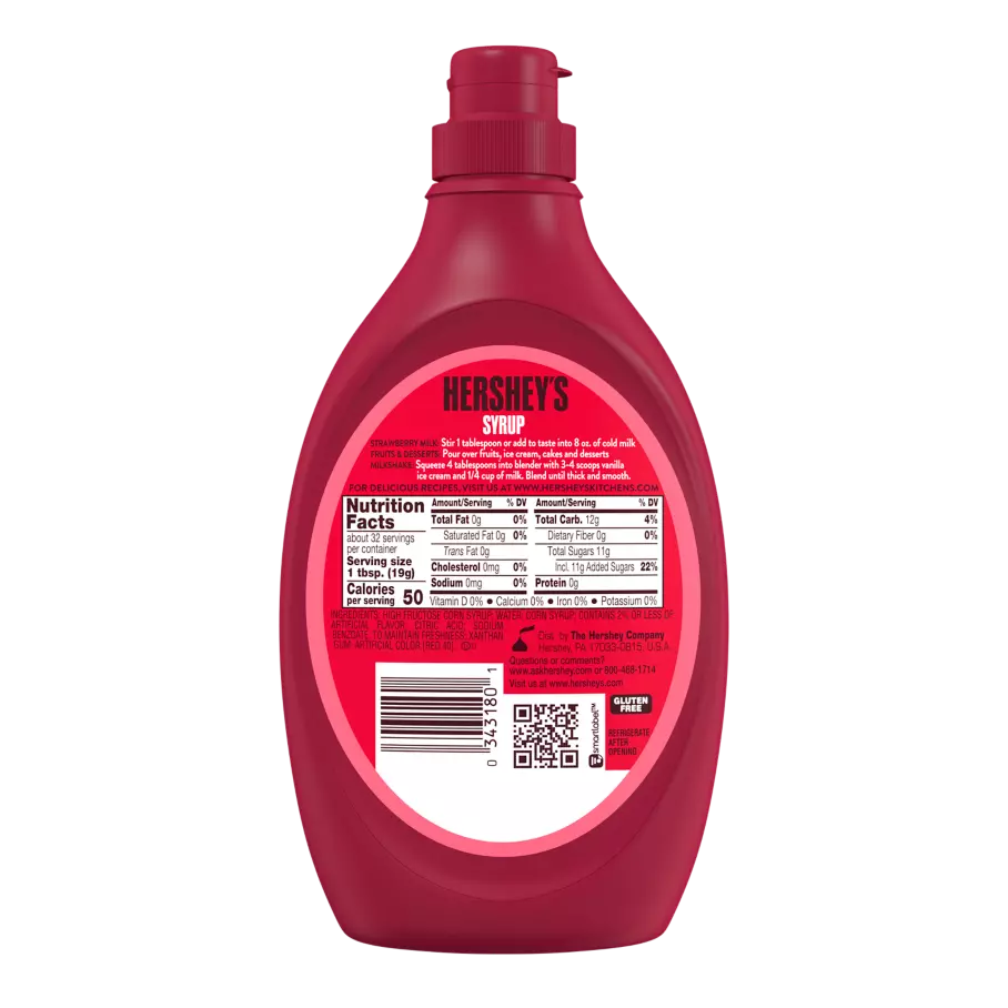 HERSHEY'S Strawberry Flavored Syrup, 22 oz bottle - Back of Package
