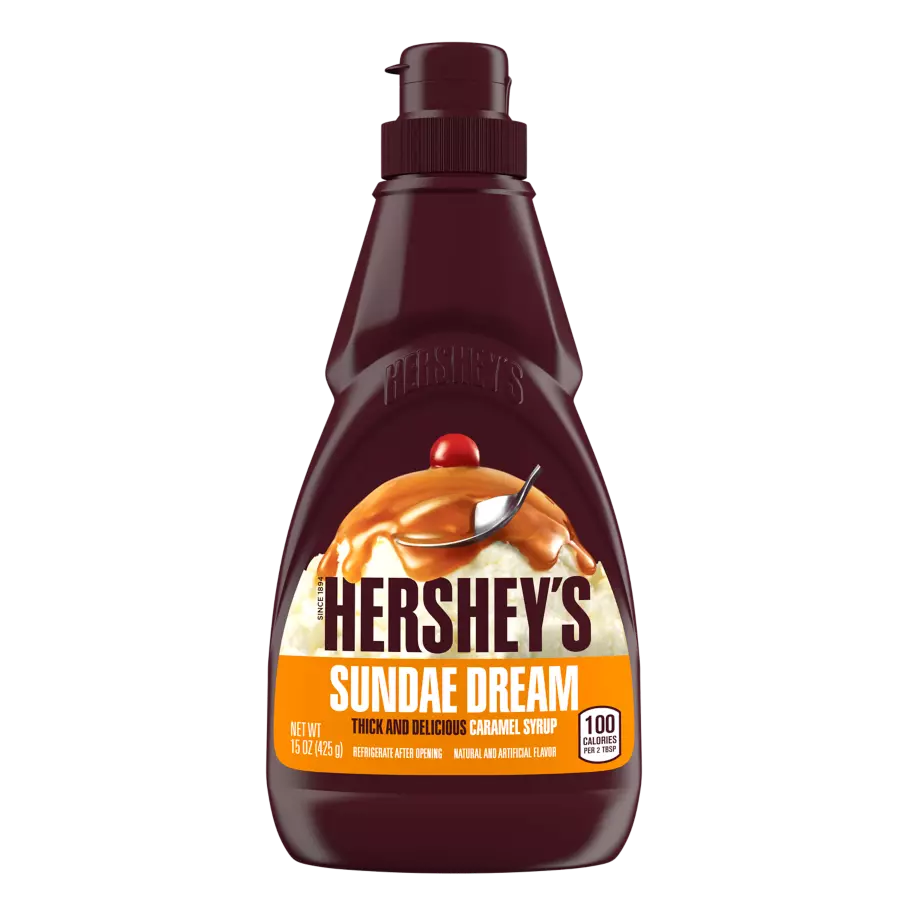 HERSHEY'S SUNDAE DREAM Caramel Syrup, 15 oz bottle - Front of Package