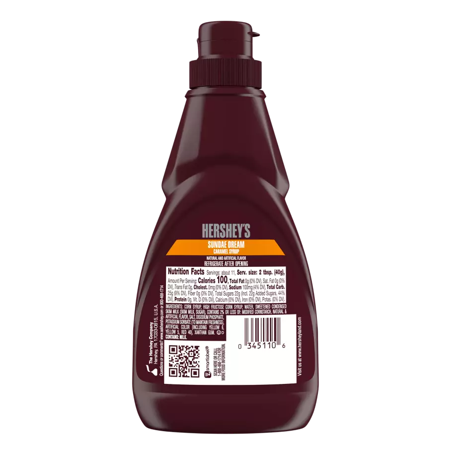 HERSHEY'S SUNDAE DREAM Caramel Syrup, 15 oz bottle - Back of Package