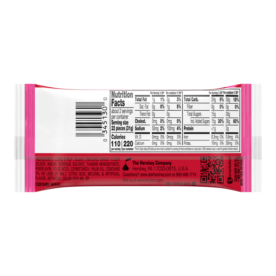 TWIZZLERS NIBS Cherry Flavored Candy, 2.25 oz bag - Back of Package