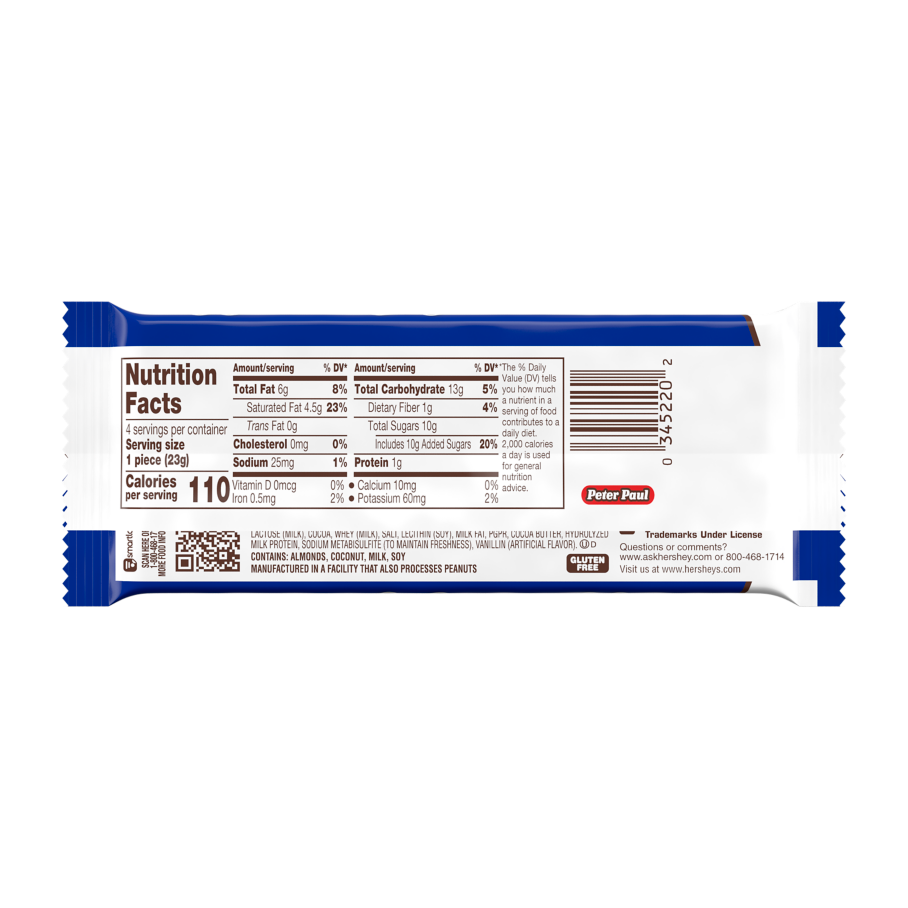 ALMOND JOY Coconut and Almond Chocolate King Size Candy Bar, 3.22 oz - Back of Package