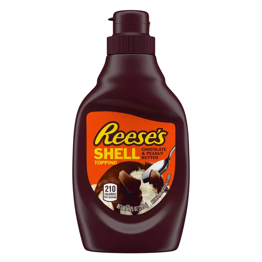 REESE'S Milk Chocolate Peanut Butter Shell Topping, 7.25 oz bottle - Front of Package