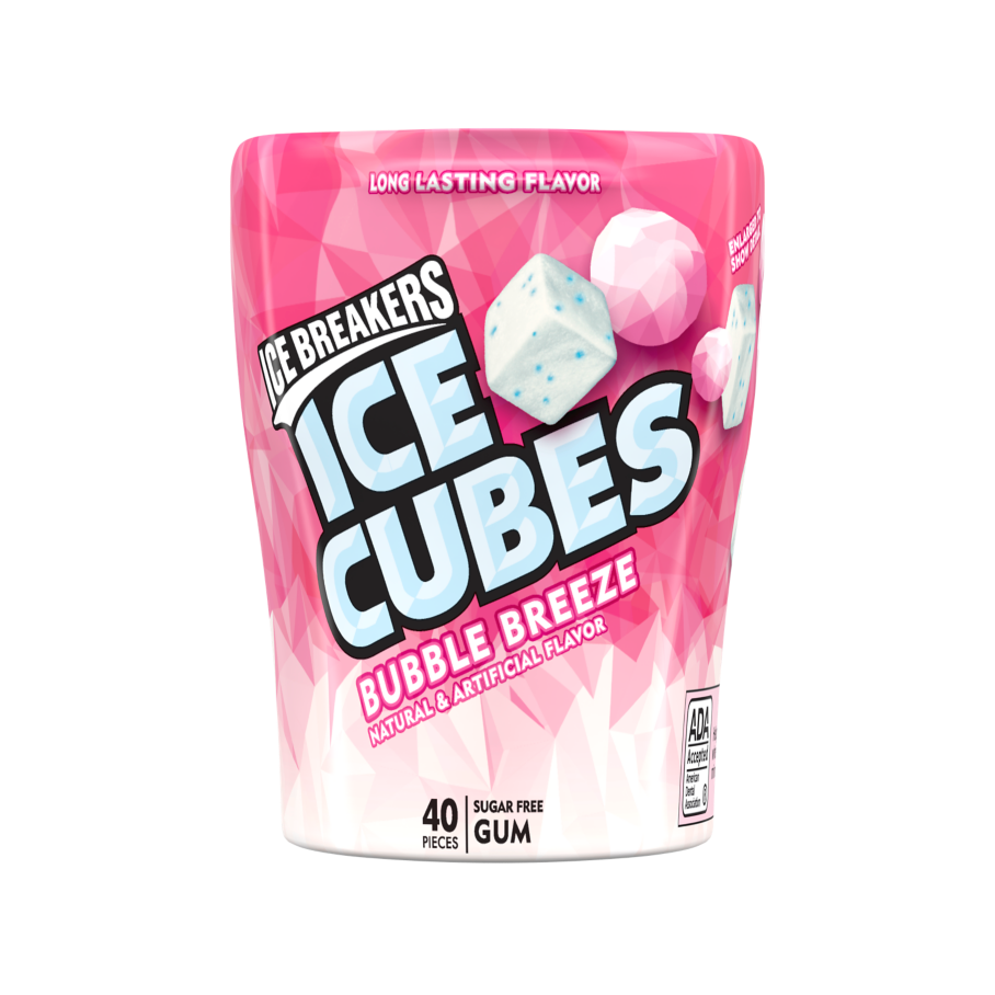 ICE BREAKERS ICE CUBES BUBBLE BREEZE Sugar Free Gum, 3.24 oz bottle, 40 pieces - Front of Package