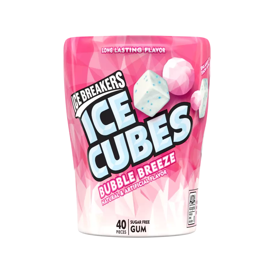 ICE BREAKERS ICE CUBES BUBBLE BREEZE Sugar Free Gum, 3.24 oz bottle, 40 pieces - Front of Package