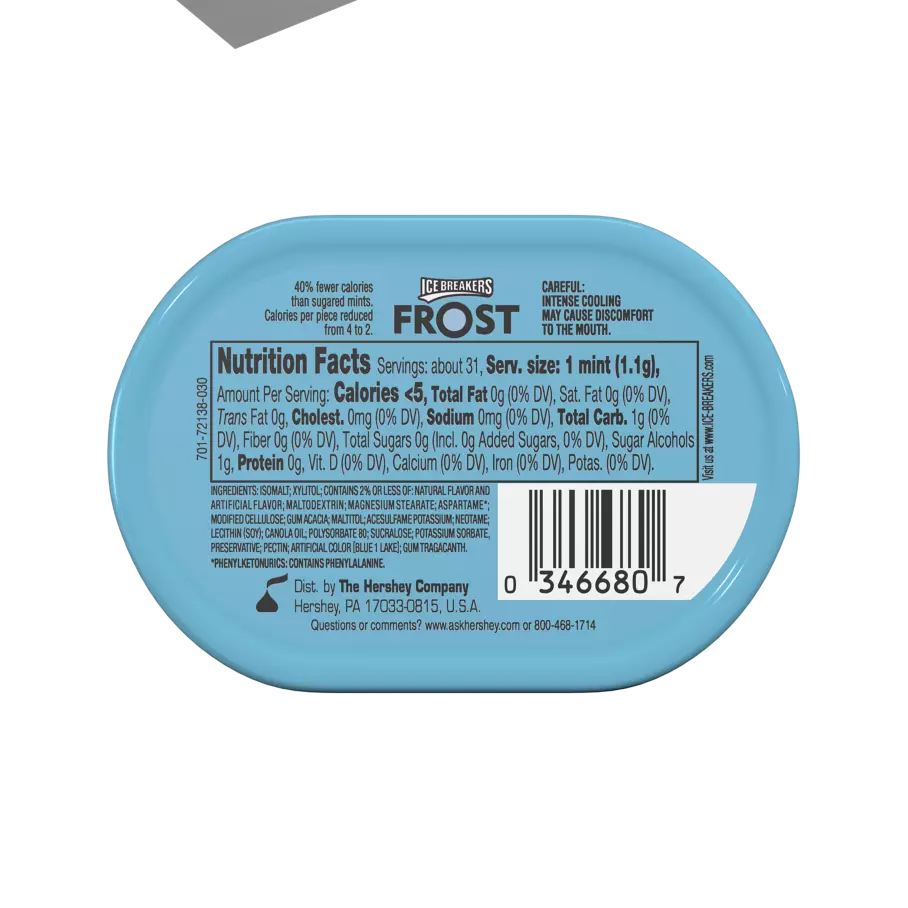 ICE BREAKERS FROST Peppermint Sugar Free Mints, 1.2 oz tin - Back of Package