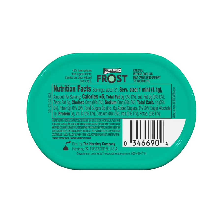 ICE BREAKERS FROST Wintercool Sugar Free Mints, 1.2 oz tin - Back of Package