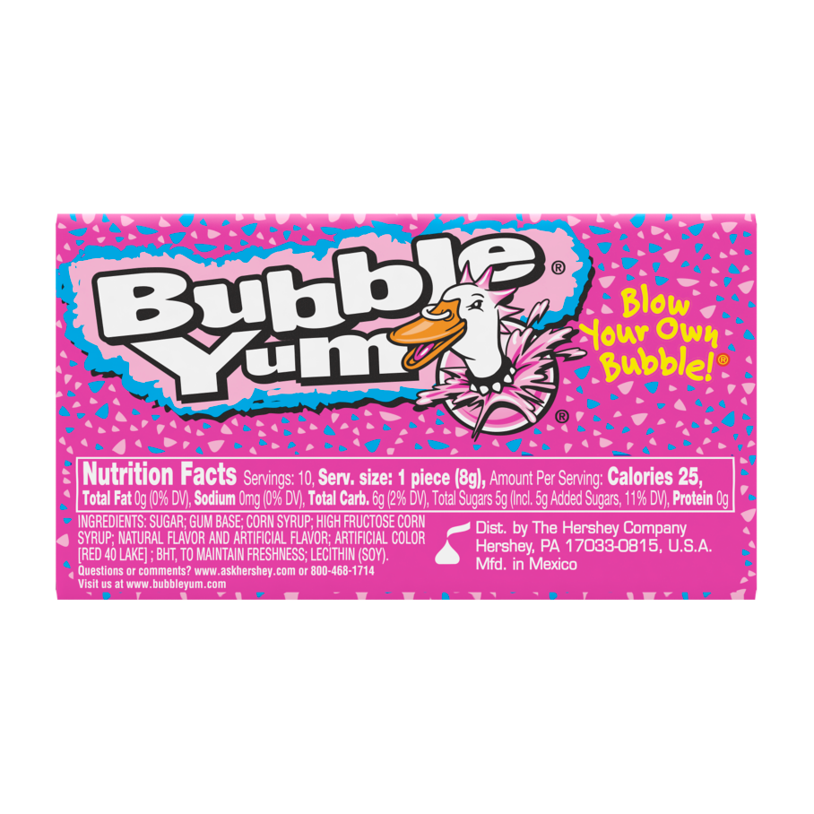 BUBBLE YUM Original Flavor Bubble Gum, 2.8 oz, 10 pieces - Back of Package