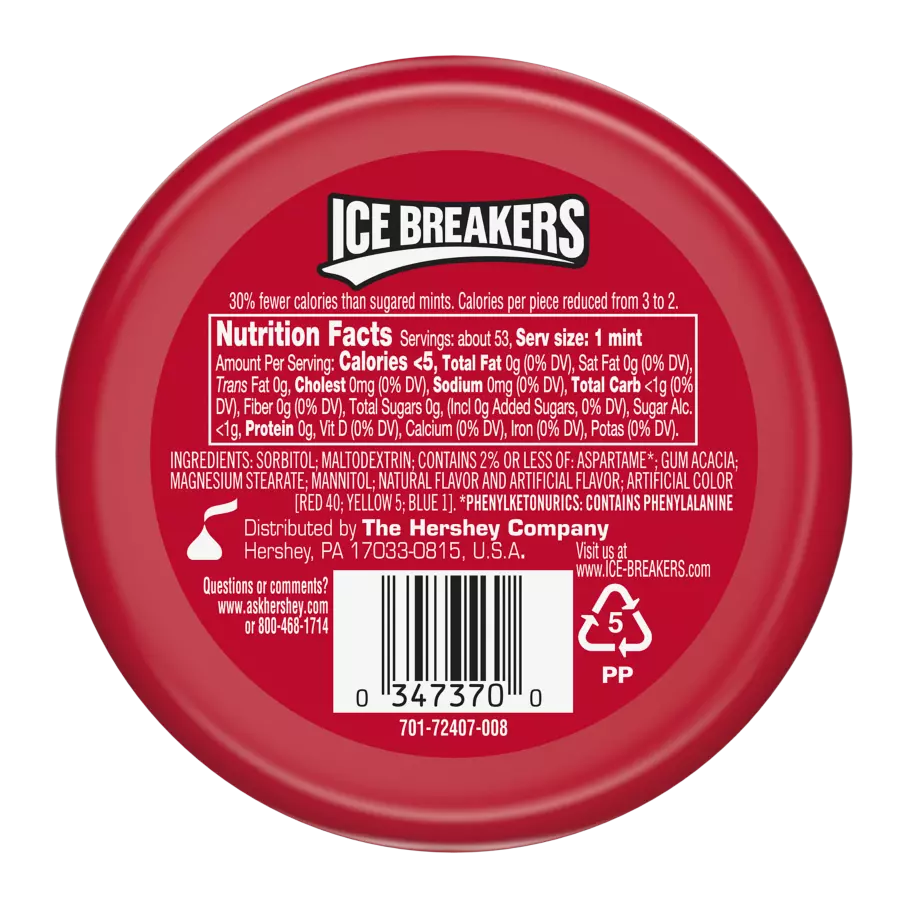 ICE BREAKERS Candy Cane Sugar Free Mints, 1.5 oz puck - Back of Package