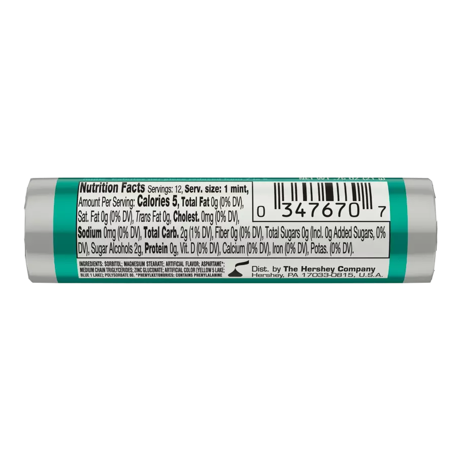 BREATH SAVERS Wintergreen Sugar Free Mints, 0.75 oz roll - Back of Package